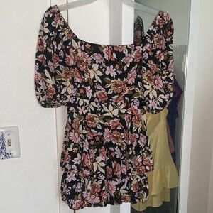 Blue Rain Floral Black Romper